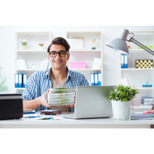 Glasses, Smile, Plant, Table, Computer, Flowerpot, Houseplant, Shelving, Computer desk, Desk