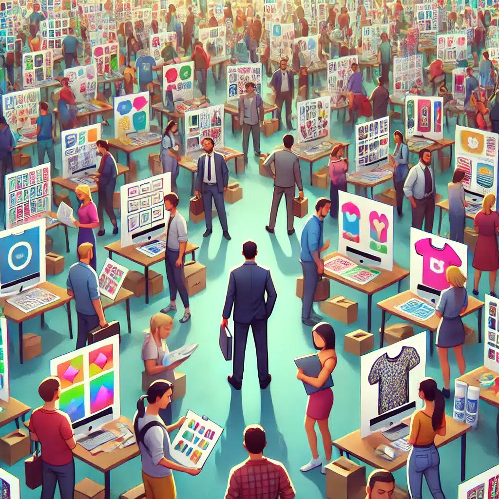 DALL·E 2025-04-02 10.58.19 - A digital product seller standing in the middle of a huge, crowded marketplace filled with people all selling similar printable products. The seller l
