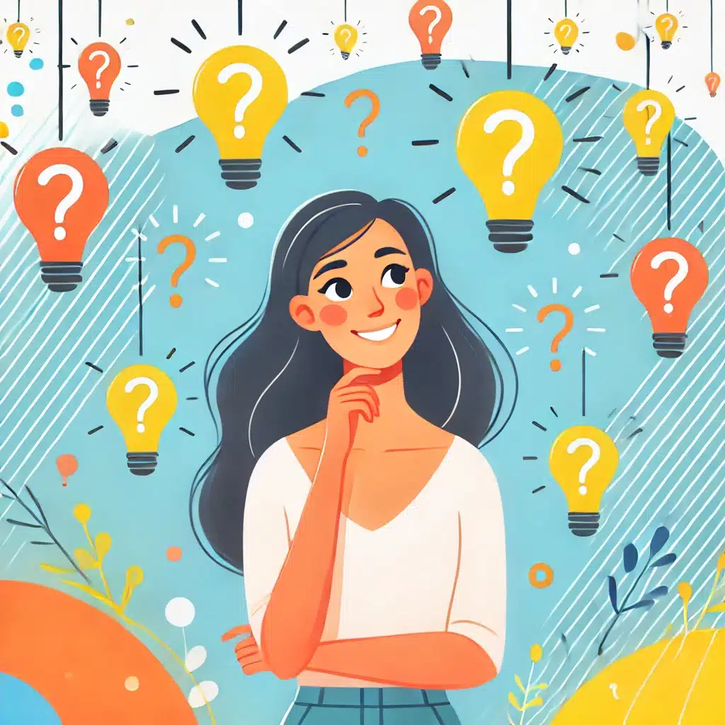 DALL·E 2025-04-04 10.51.18 - An illustrated, happy, curious woman looking thoughtful and smiling, surrounded by floating question marks or lightbulbs. The style is colorful, cheer