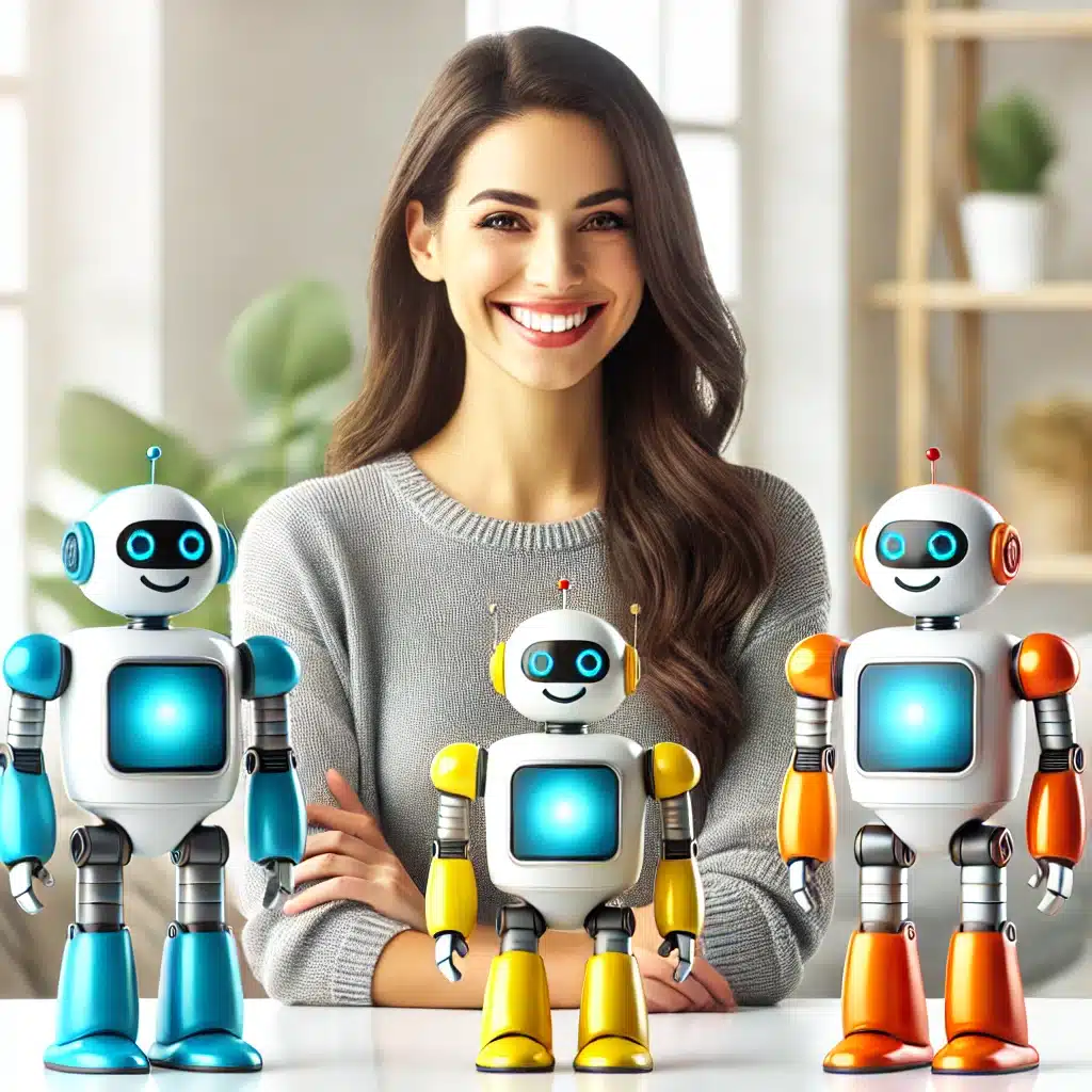 DALL·E 2025-04-04 12.08.44 - A smiling, happy woman standing or sitting with exactly three friendly robots. The robots are colorful and cheerful in appearance, either cartoon-styl